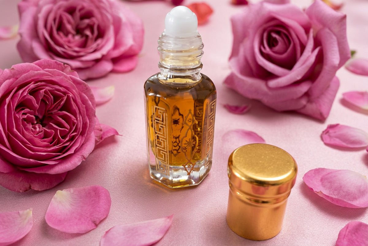 A small bottle of rose oud attar oil with a gold-colored cap, surrounded by pink rose petals on a pink background.